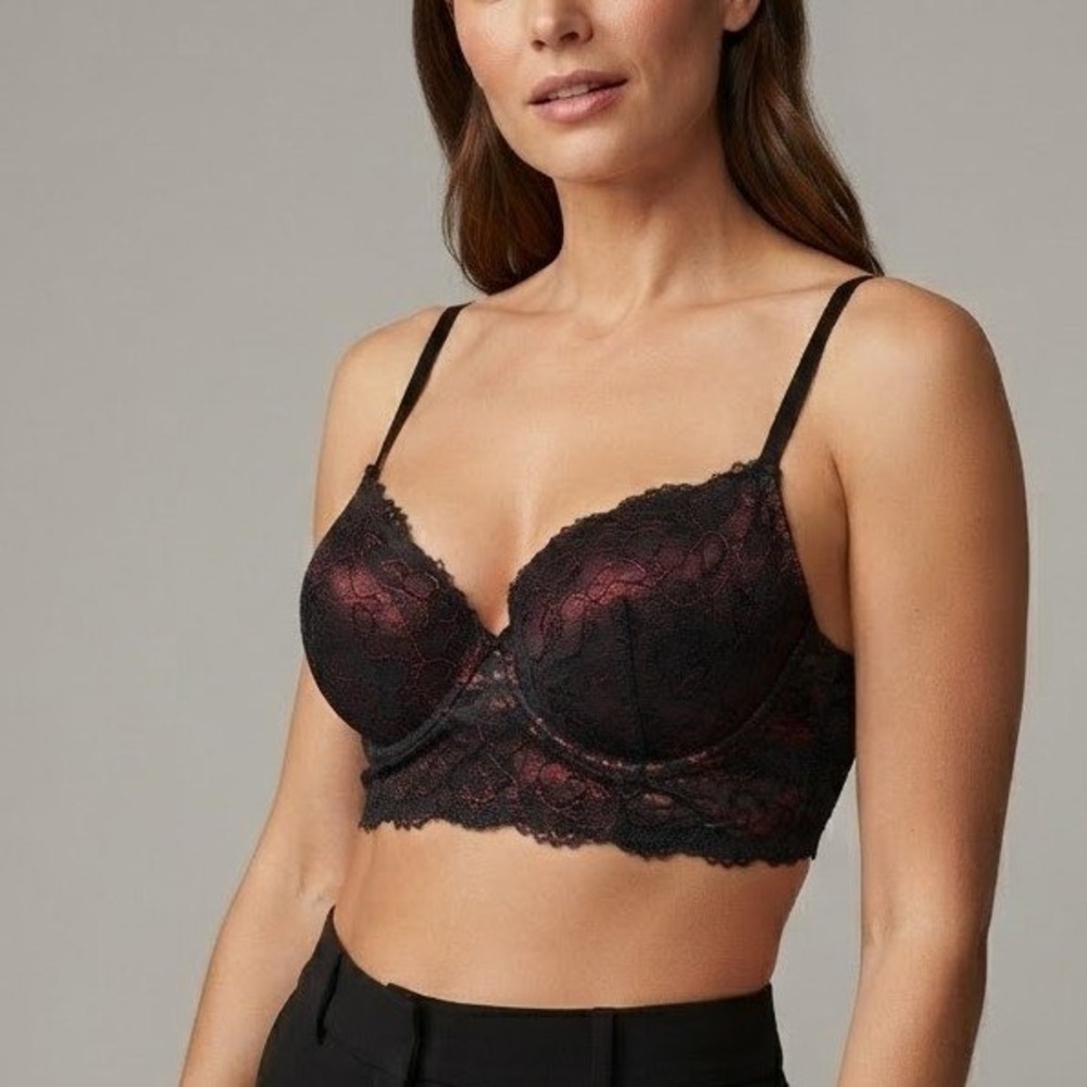 La Senza Lace Longline Bra Womens 34D Black Red Floral Underwire Goth Romance